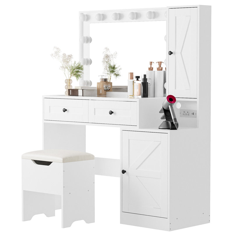 Farmhouse 43.3" Vanity Desk with Hollywood Mirror Lights, Rustic Dressing Table Set with 2 Drawers & 2 Cabinets, Large Makeup Vanity with Stool for Bedroom, Distressed Wood Vanity Desk with Storage