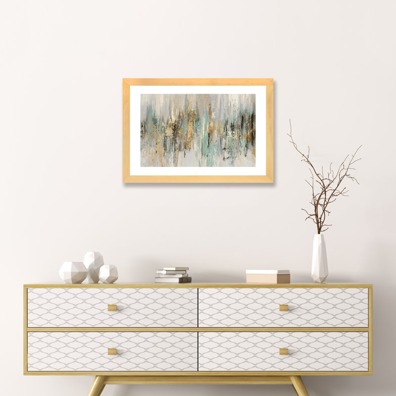 «Dripping Gold I» par Tom Reeves - reproduction imprimée, H 24 po x l 32 po, Papier dans un cadre photo, Bois beige