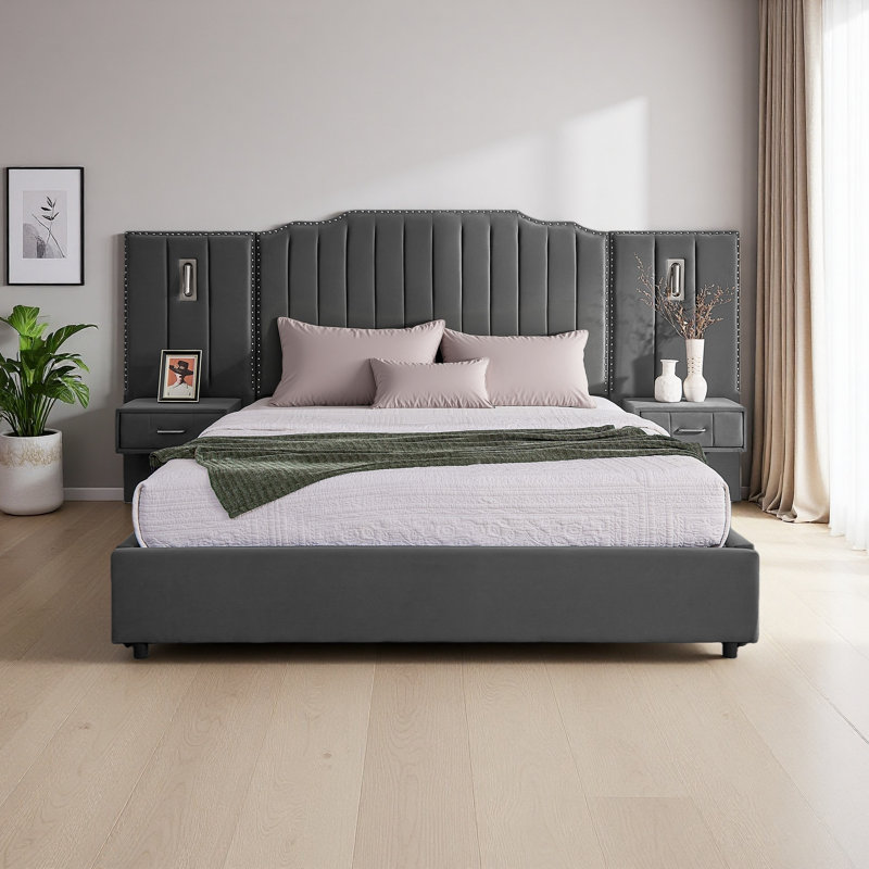 Structure de lit tapissier avec tissu en velours, Gris, Grand lit
