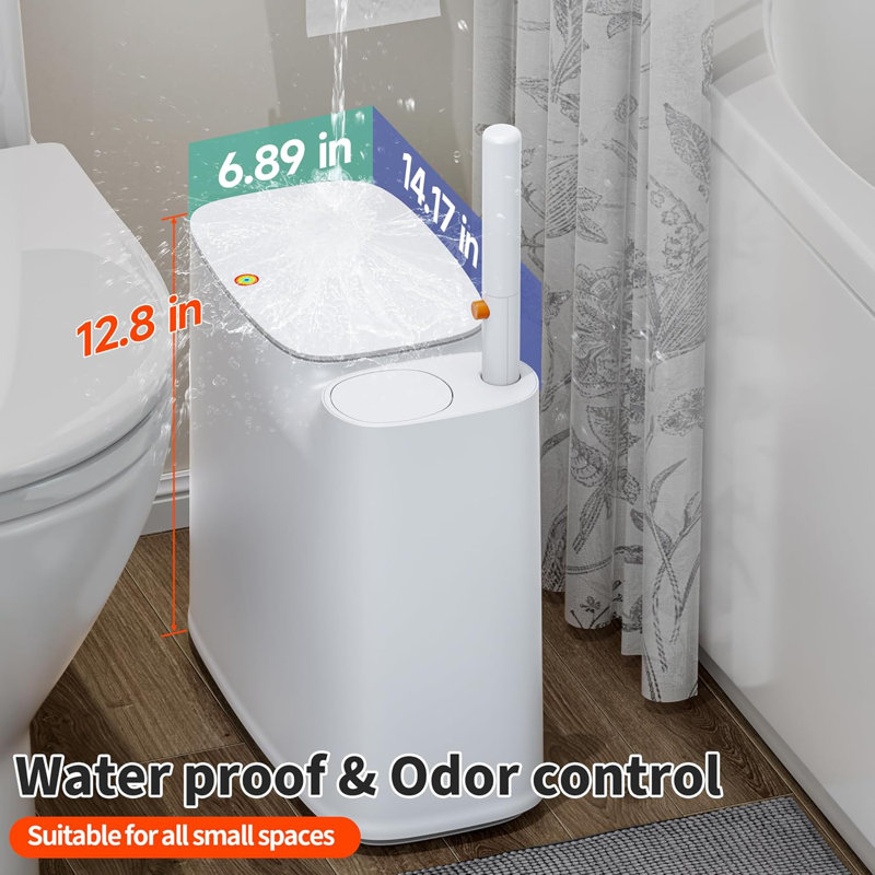 Ensemble de poubelle de salle de bain et de brosse de toilette JOYBOS avec 48 têtes de recharge jetables, poubelle mince à couvercle escamotable 2 gallons pour salle de bain et véhicule récréatif