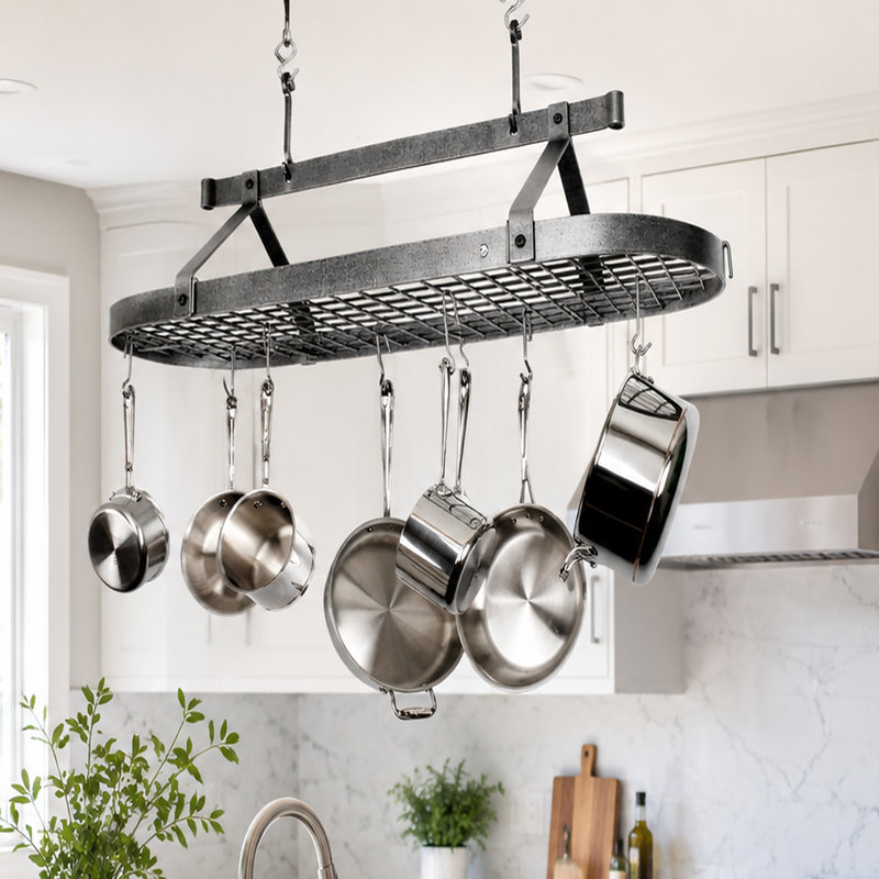 Premier USA Handcrafted Gourmet 3 ft Classic Oval Hanging Pot Rack, 22" H x 48" W x 17" D, Hammered Steel