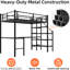 Structure de lit simple en fer noir avec mezzanine simple, rampe à 360 °, bureau en L et tablettes de rangement pour bureau de décoration de chambre à coucher