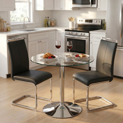 Modern Contemporary Round Dining Set with Tempered Glass Table and Faux Leather Cantilever Chairs