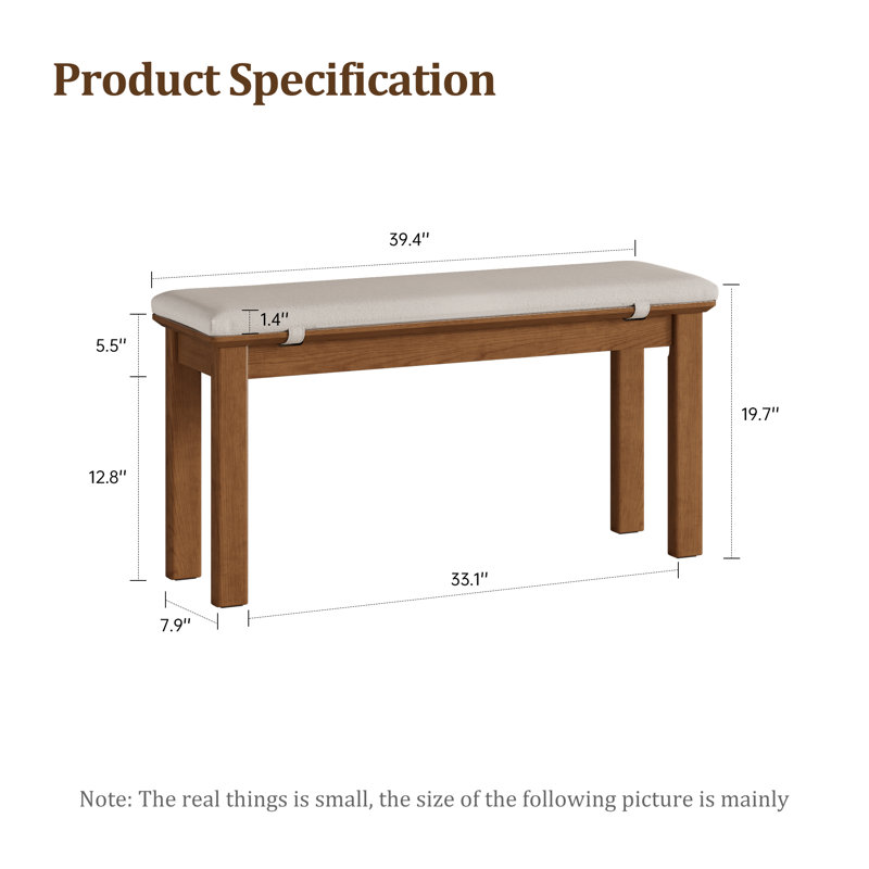 Addisin Solid Wood Dining Bench with Removable Linen Cushion, 39.37" W, Brown