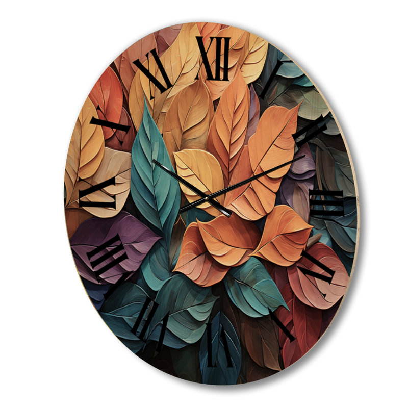 Colorful Leaves Collage I - Modern Oversized Wood Wall Clock, Grand