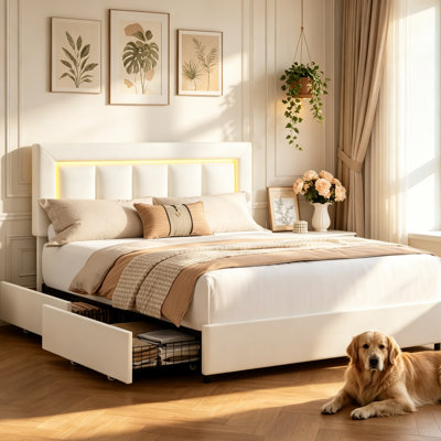 Full Size Bed Frame with 4 Storage Drawers, LED Lights, Charging Station, PU Leather Upholstered Platform Bed with Adjustable Headboard, No Box Spring Needed, Easy Assembly, White