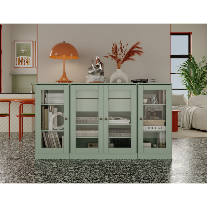 100% Solid Wood 65" Sideboard with Clear Glass Doors, 2-Drawers and Adjustable Shelves, Sage