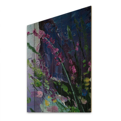 Fleurs abstraites mauves et vertes II - peinture sur bois sans cadre
