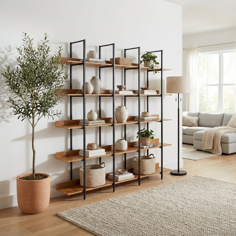Bibliothèque à cinq niveaux de style industriel avec structure en métal et tablettes en bois pour la maison et le bureau
