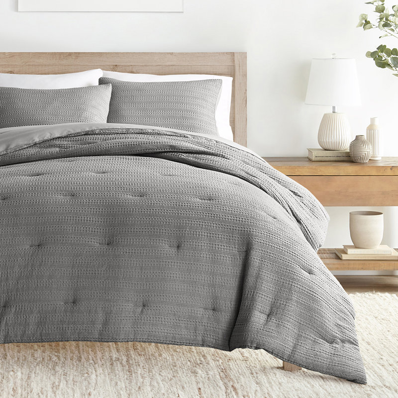 Ensemble d'édredon texturé 3 pièces Waffle, Gris, Édredon pour lit simple + 1 taie décorative stan