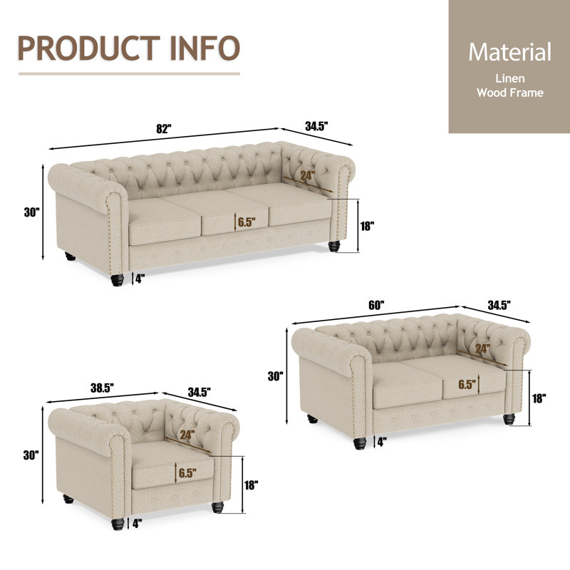 Agisilaos 3 - Piece Living Room Set, Beige Linen Blend