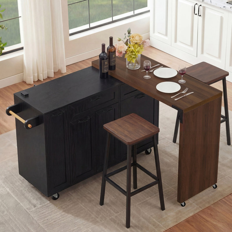 102.3" Kitchen Island with Extendable Dining Table, Black