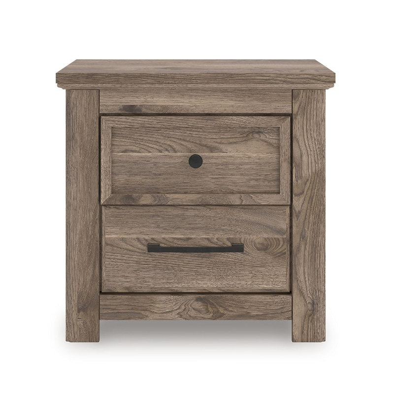 Table de chevet Cota, 2 tiroirs avec poignées en bronze, port USB, brun foncé