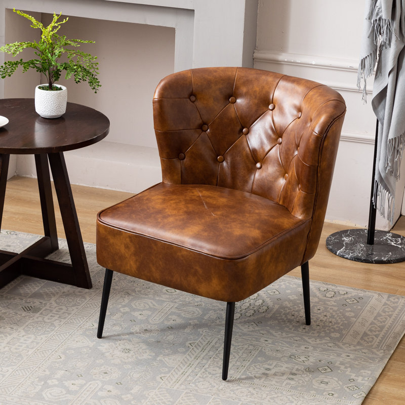 25" W Tufted Side Chair, Yellowish Brown Faux Leather