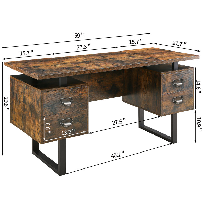 Bureau d'ordinateur avec 4 grands tiroirs Sousa, Brun rustique