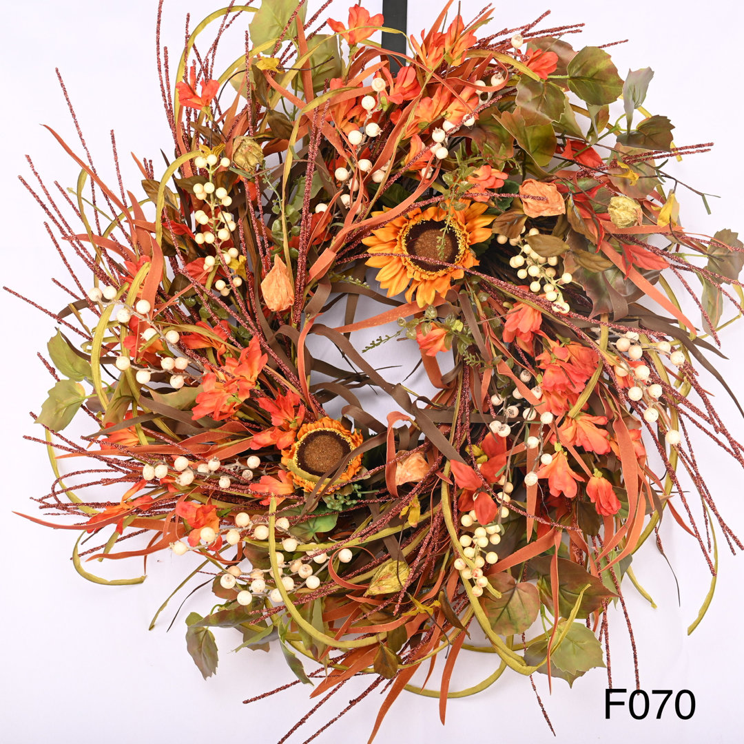 24" Farmhouse Large Fall Front Door Sunflower Wreath The Holiday Aisle®