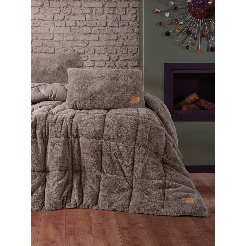 Ensemble d'édredon en molleton Everly Teddy, Beige, Courtepointe double + 2 coussins