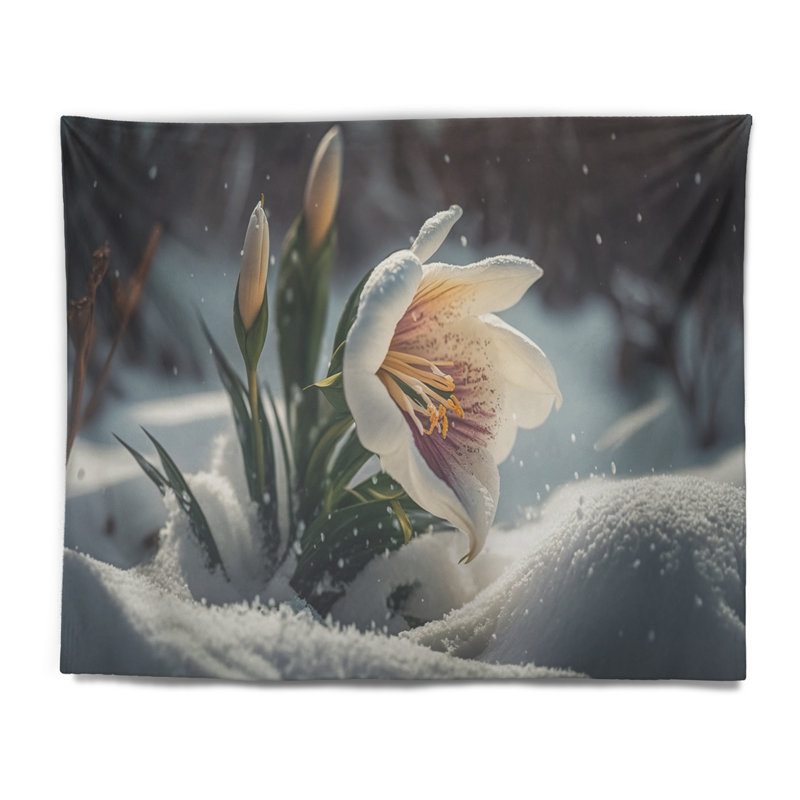 Une fleur de lys mauve et blanche en hiver III - Tapisserie murale florale et botanique, H 50 po x l 60 po