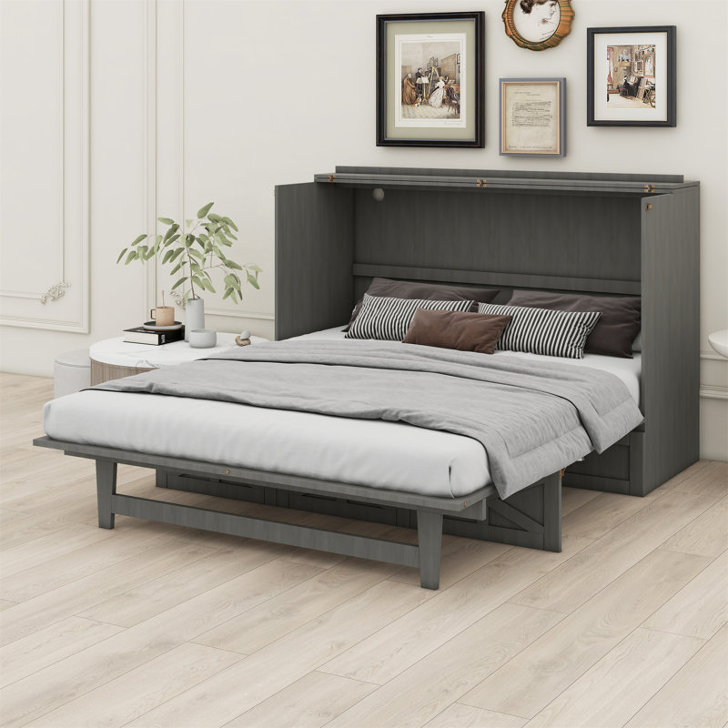 Lit escamotable avec grands tiroirs Murphy, Gris brossé, Grand lit