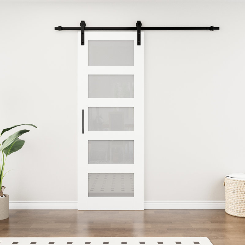 Porte de grange coulissante en bois blanc et panneaux de verre de 213 cm (84 po) de hauteur, avec trousse de quincaillerie d'installation et fermeture amortie.