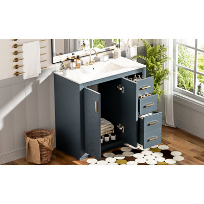 Meuble-lavabo 36 po, lavabo en céramique, structure en bois massif, portes, planches, rangement spacieux, style rétro, poignées en métal, motif unique, assemblage facile, rangement dissimulé de 36 po avec lavabo, fermeture en douceur