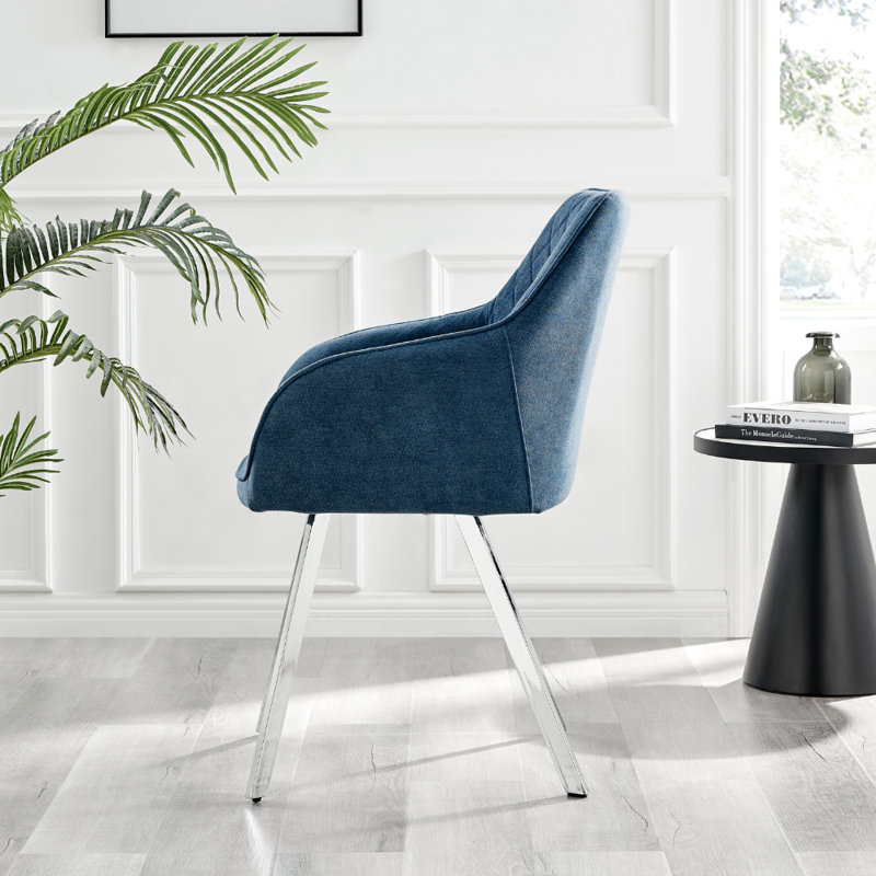 Eubanks Luxury Fabric Upholstered Dining Chair with Chrome Metal Legs - Modern Home, Blue, Silver