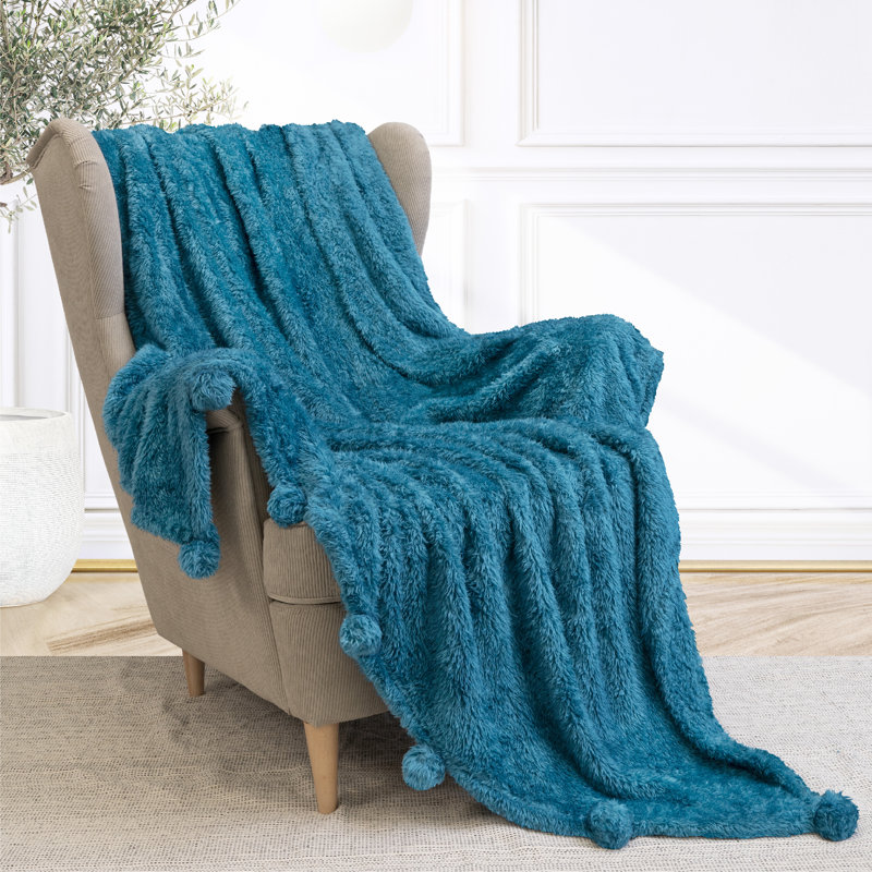 Teal Blue Sherpa Fleece Throw Blanket with Pom Poms