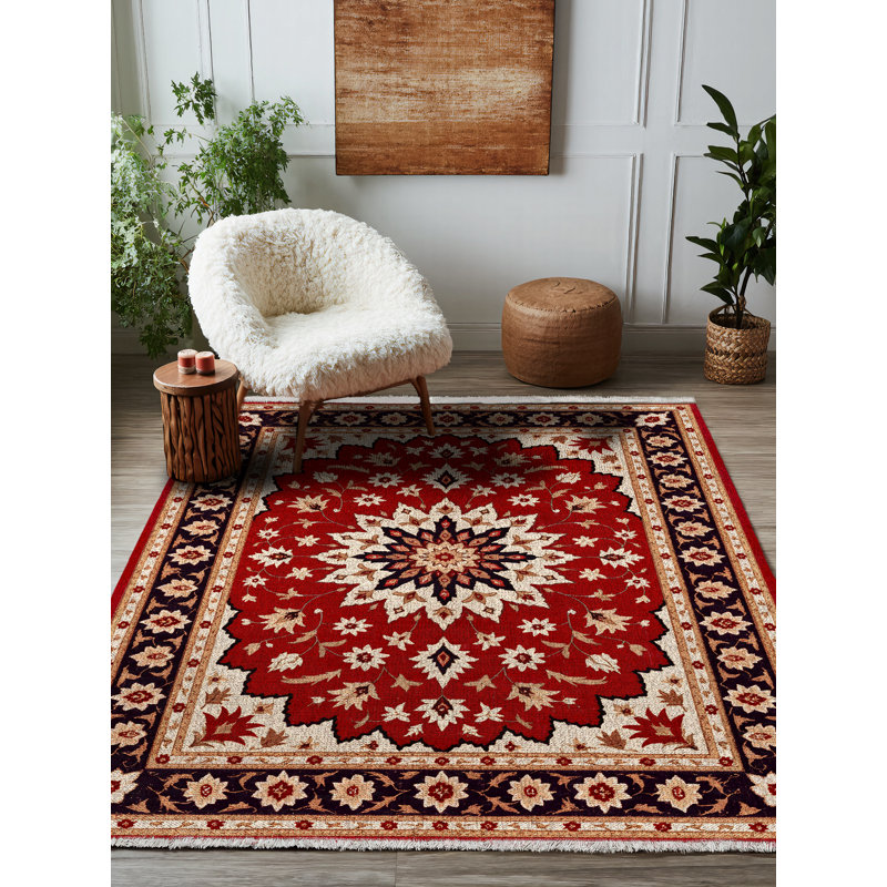 Tapis marocain beige / rouge en coton et polyester à imprimé numérique Albasa Collection, Rond 3 pi 4 po
