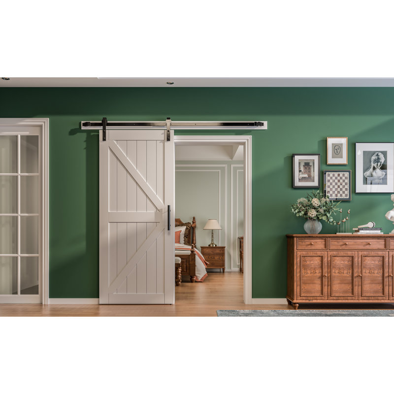 Luxdecor 36in x 84in Paneled Manufactured Wood White Primed Barn Door with Installation Hardware Kit 6.6FT in White