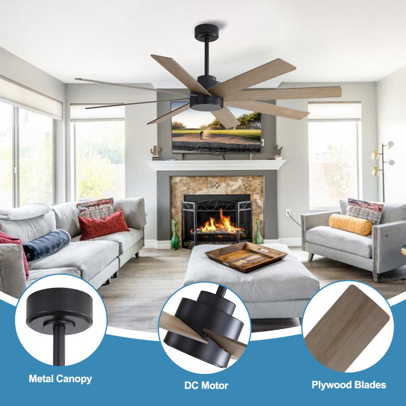 Ventilateur de plafond 8 pales avec télécommande, Noir avec pales grises, 72"