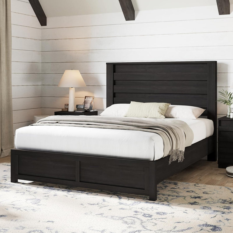 Louby Farmhouse 3 Piece Platform Bed And Nightstand Bedroom Set, Queen, Black