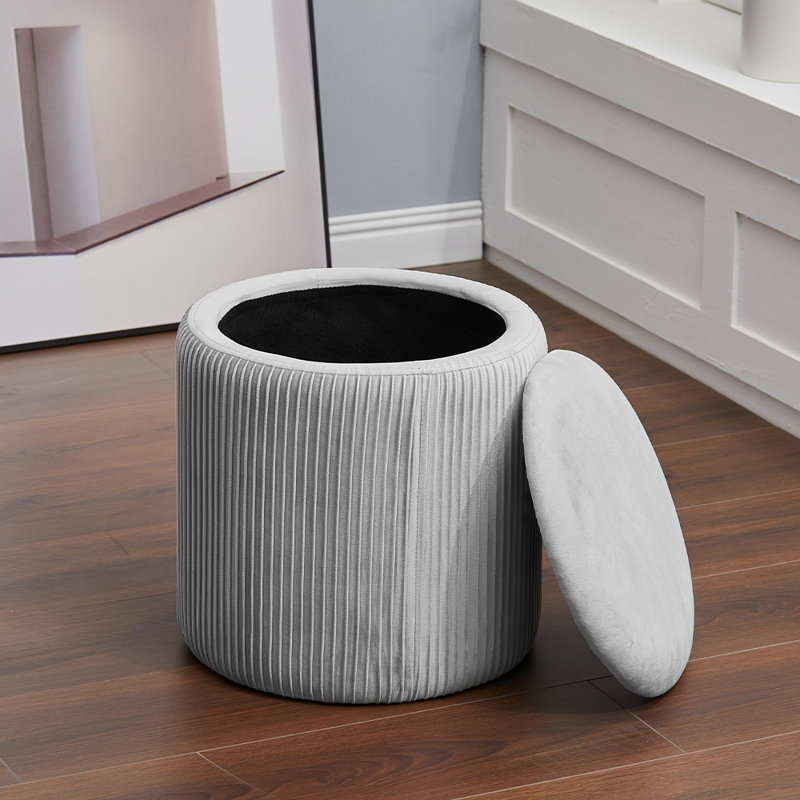 Maegan 38cm Wide Velvet Round No Pattern Ottoman with Storage, Grey