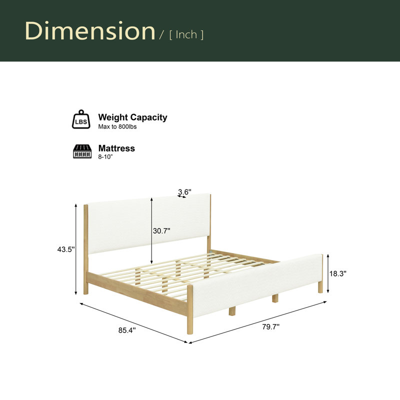 Lit capitonné moderne blanc avec pieds en bois d'hévéa, Très grand lit
