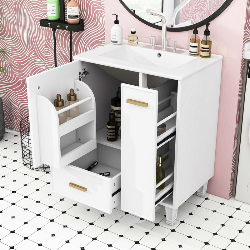 Meuble-lavabo de salle de bain avec lavabo, tablette de porte et tiroir, Blanc