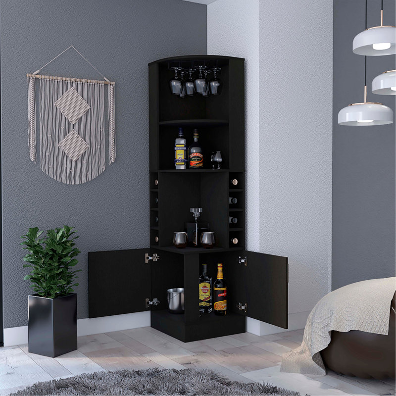 Delhi Corner Bar Cabinet, Eight Built-In Wine Rack, Glass Rack, Double Door Cabinet