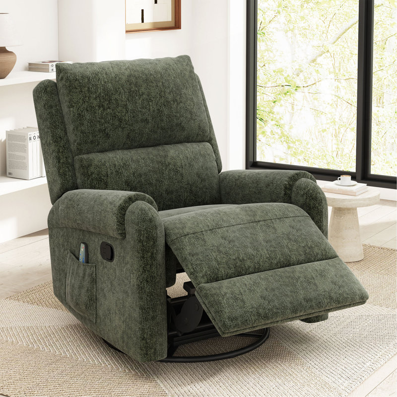 Ambria Manual Massage Recliner Chair With Swivel, Rocking, And Storage Pocket, Green
