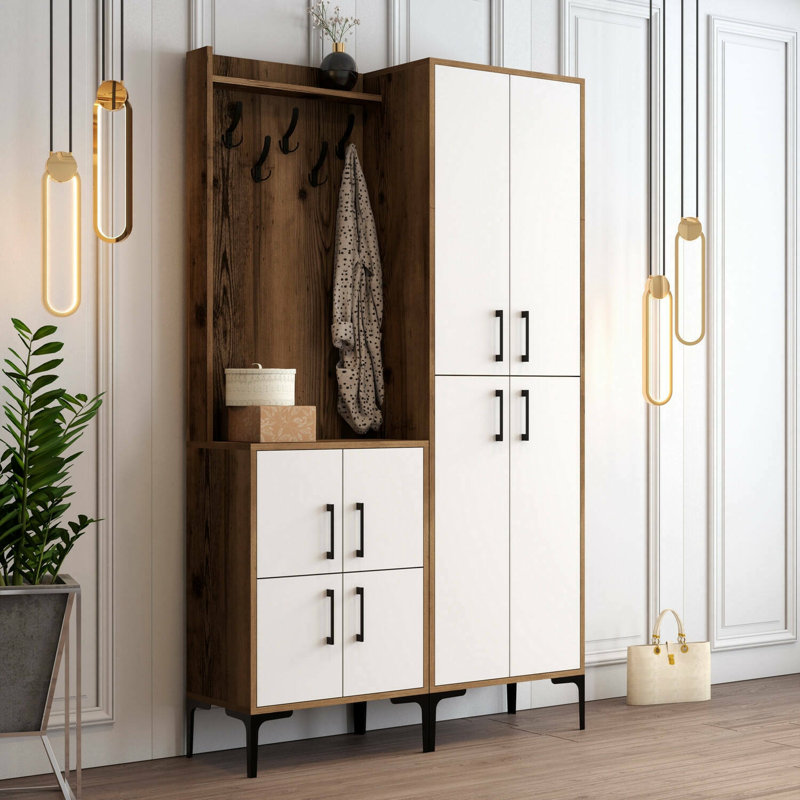 Arvydas Hall Tree 120cm Wide with Shoe Storage, Walnut/White