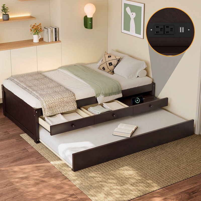 Lit plateforme simple avec lit gigogne et 2 tiroirs, lits en bois massif avec barre d'alimentation, espresso, Simple