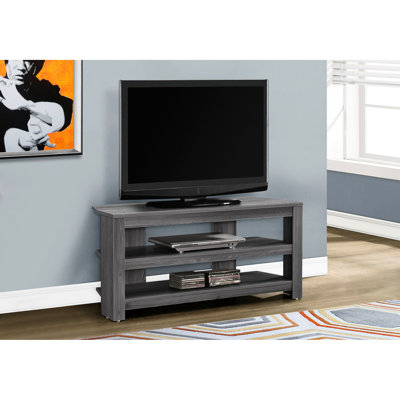 Meuble télé contemporain gris de 42 pouces avec deux tablettes ouvertes pour toutes les tailles de téléviseurs dans la console de télévision