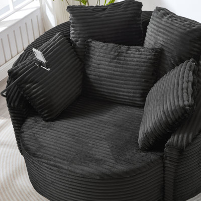 Fauteuil d'appoint pivotant noir en velours côtelé: canapé rond avec 5 coussins décoratifs et support de téléphone réglable pour plusieurs espaces