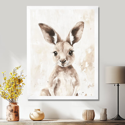 Kangourou dans la poche de sa mère I - Tableau encadré beige pour chambre d'enfant