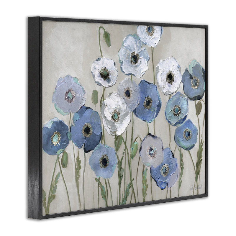  «Round Blue & Poppies», art de la giclée encadrée par Sally Swatland, H 11 po x l 14 po, Giclée encadrée noir minuit
