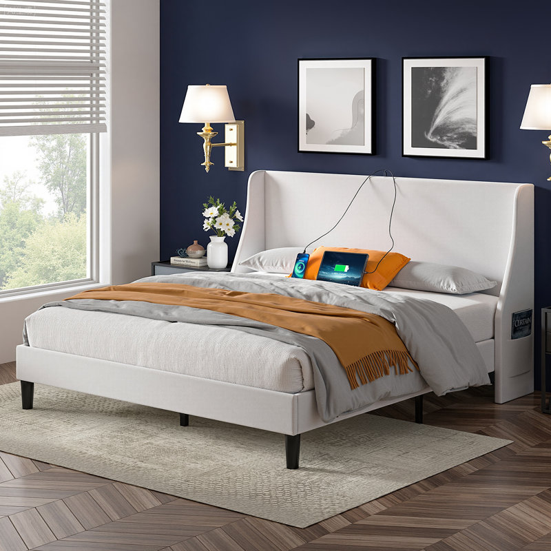 Full Size Linen Bed Frame with Wingback Headboard, Upholstered Wing Side Full Platform Bed with Wooden Slats Support, USB Ports, No Box Spring Needed, Noise Free
