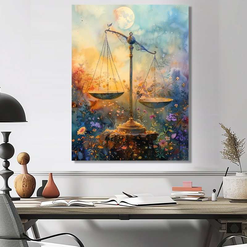 Astrologie équilibrée jaune et bleue, Balance I - Astronomie, art mural, Métal métal, H 16 po x l 32 po