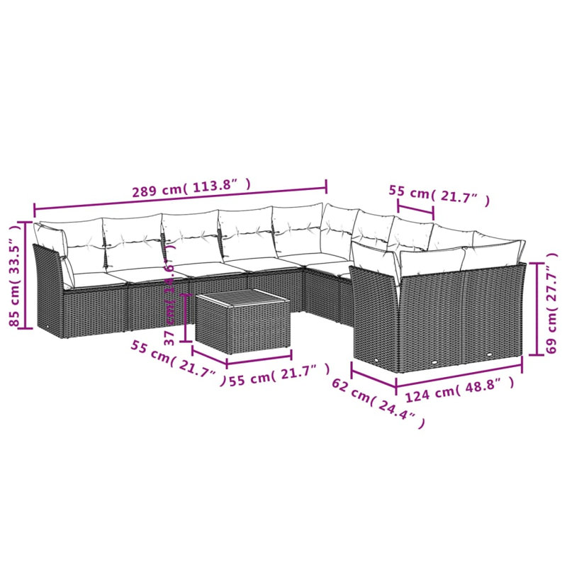 Grand canapé modulaire en rotin PE Vidaxl, Coussin gris / cadre gris