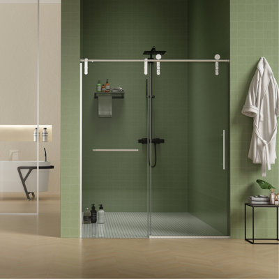 Porte de douche sans cadre de 56 à 60 po x H 70 po, porte de douche coulissante, cabine de douche en verre trempé épais de 5/16 po (8 mm) de qualité supérieure avec barre à serviettes, couche facile à nettoyer à double face, finition nickel bross?