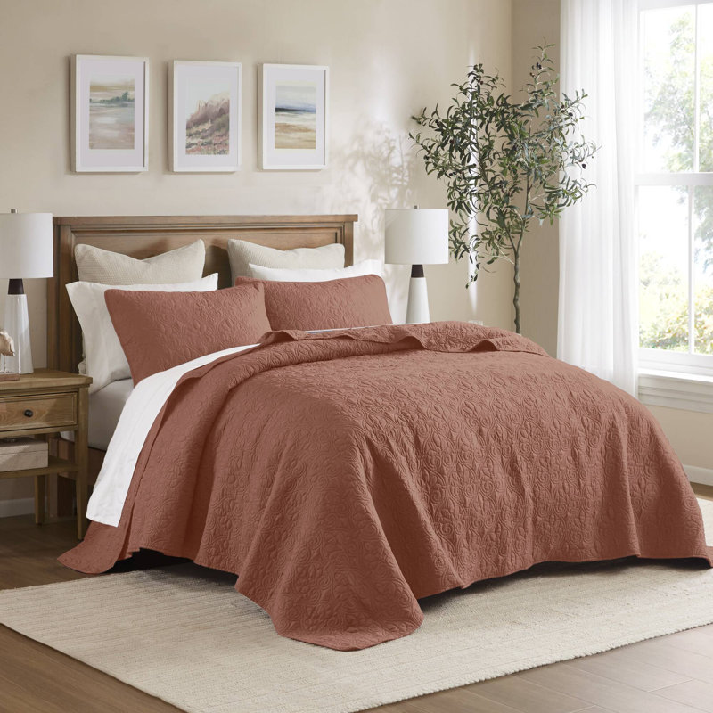 Ensemble de couvre-lit réversible Québec, Couvre-lit de très grande taille et 2 taies déco, Rouge argile