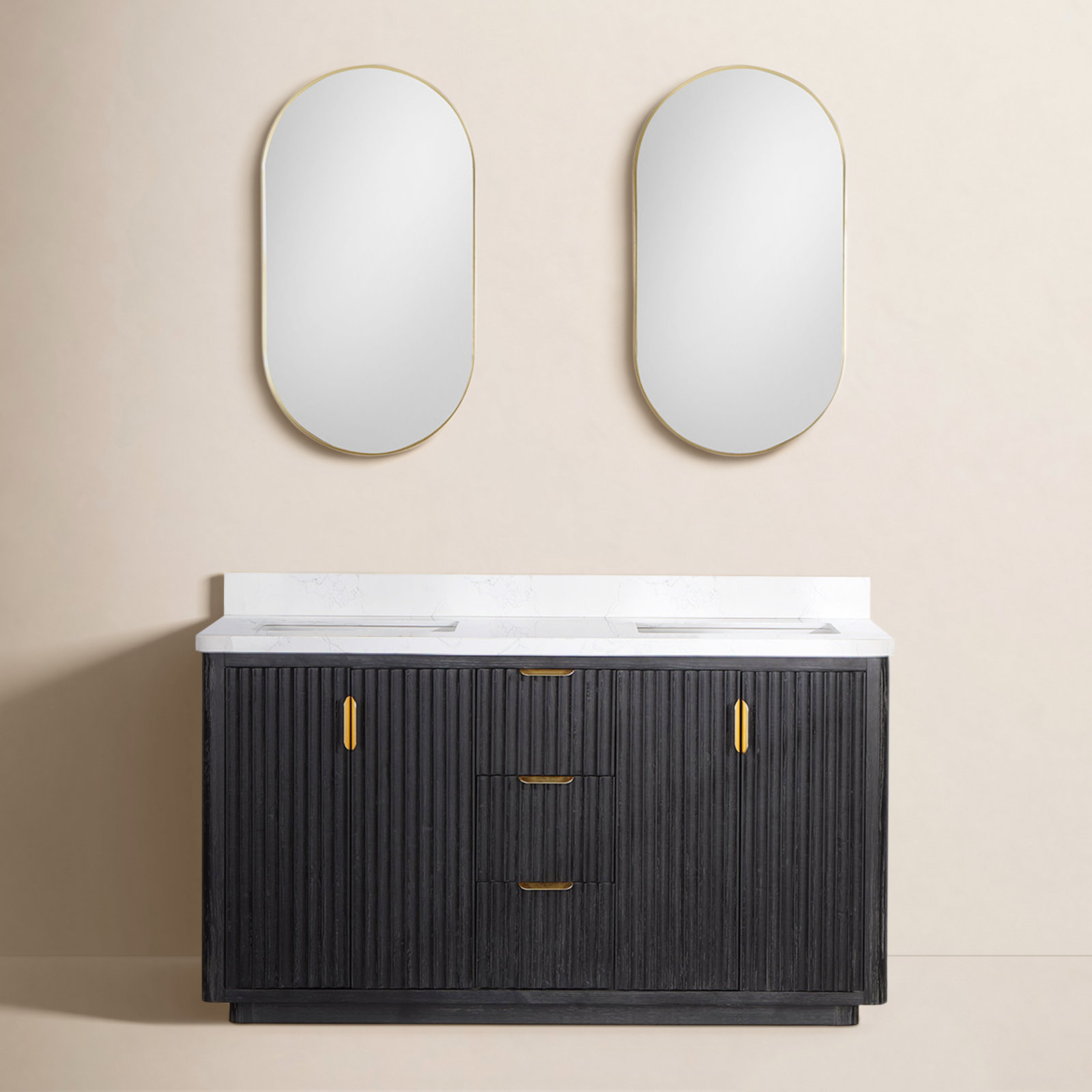 Adela 60'' Double Bathroom Vanity, Black, White, Gold