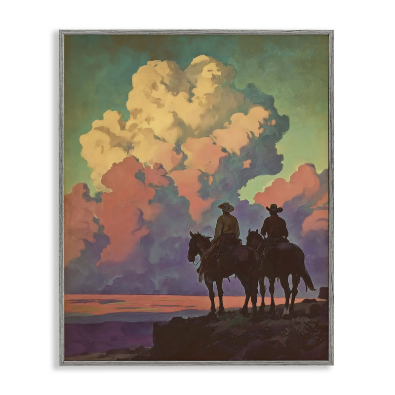 «Cowboys Silhouetted Contre Clouds», estampe numérique, design par Arlington Prints, 20 x 16, Giclée de ferme grise encadrée