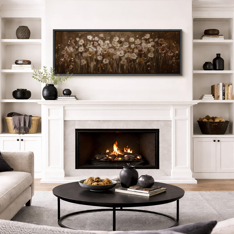 "Neutral Wildflower Meadow Floral Field Extra Large", reproduction d'art sur toile encadrée, 20" H x 60" W x 1.5" D, Black